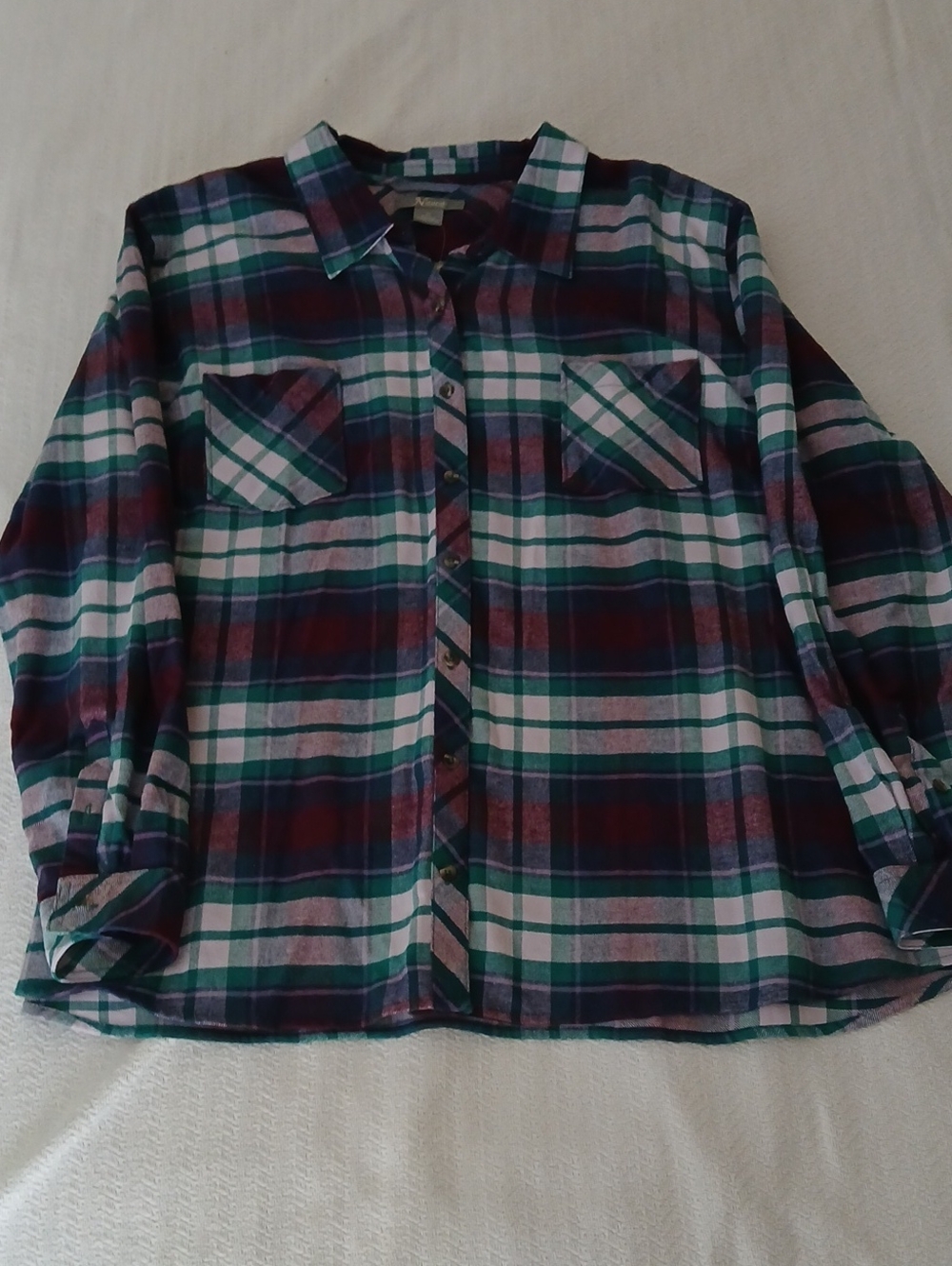 Natural Reflections Plaid Button-Down Shirt in Teal, Burgundy & White